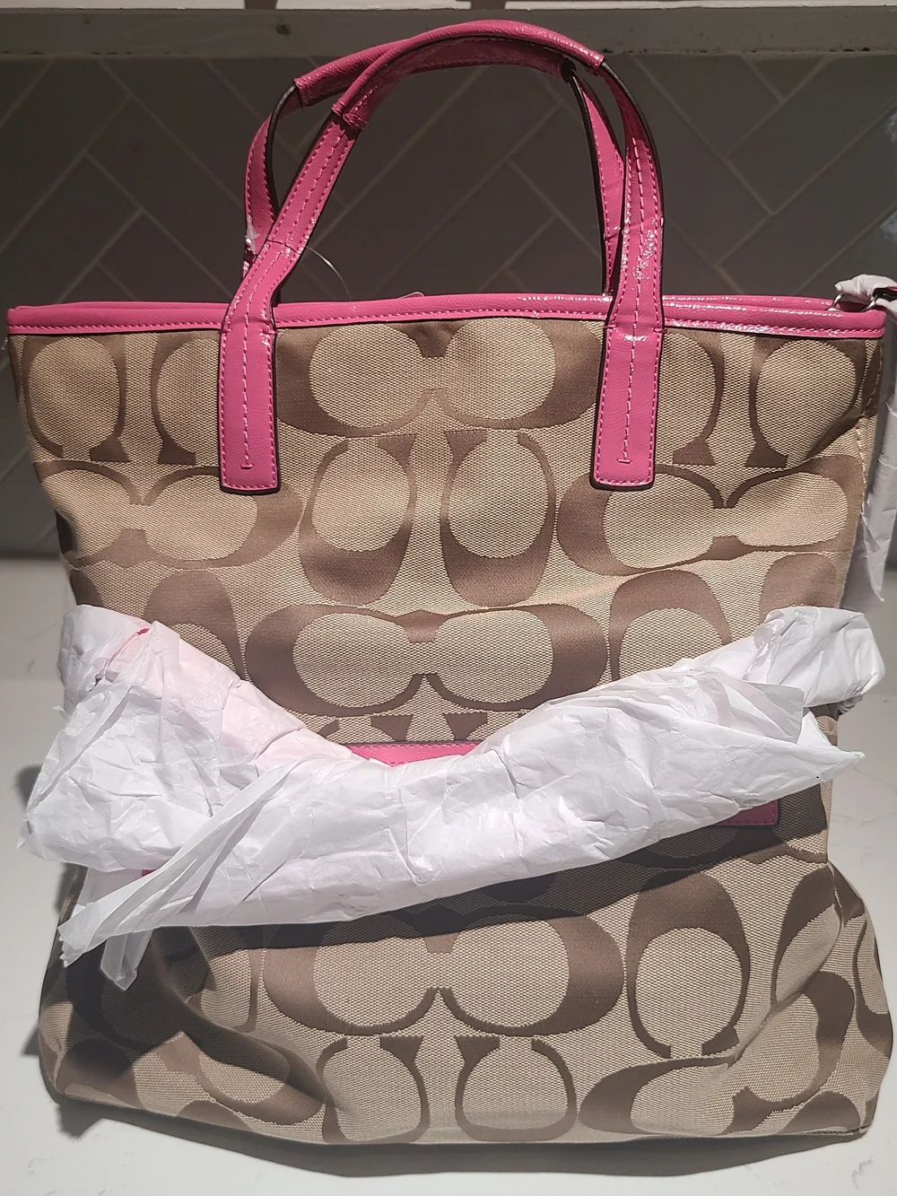 COACH Signature Stripe Khaki/Mulberry Pink Tote Bag Crossbody Purse NWT - Picture 2 of 12